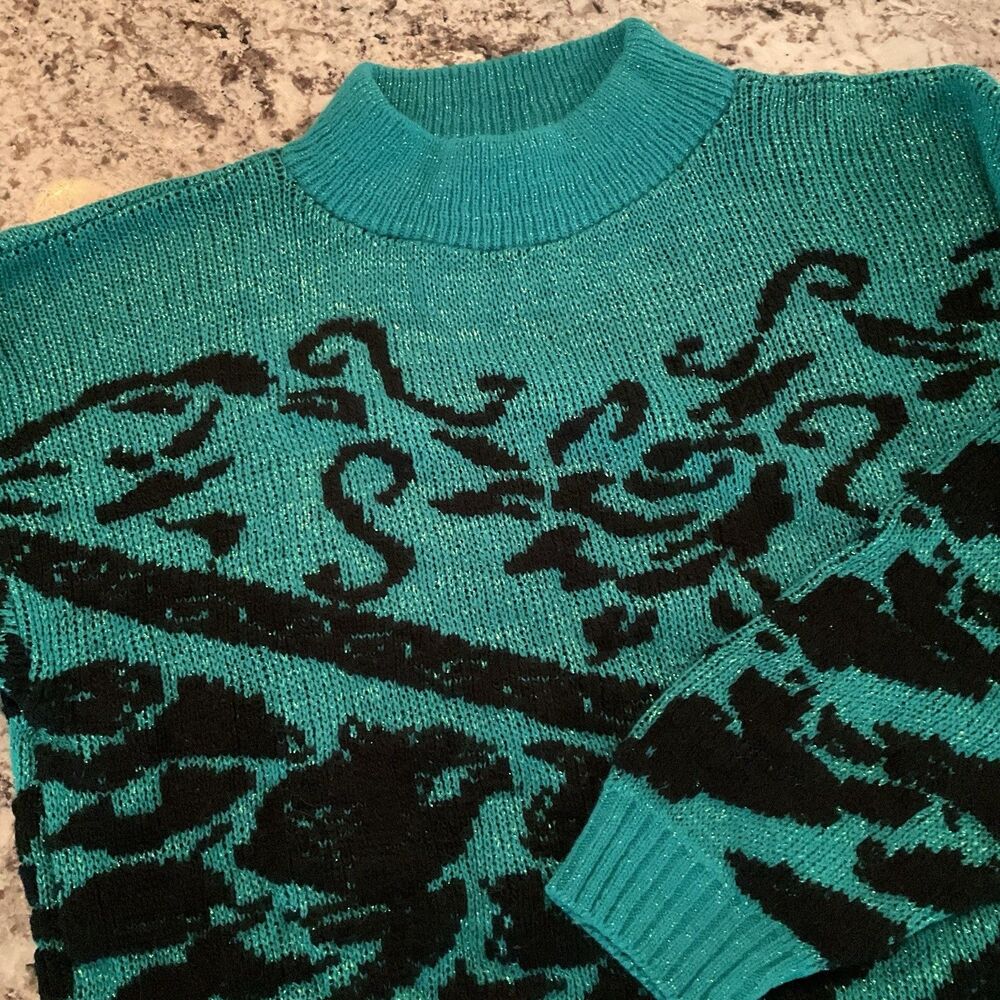 Vintage ADELE Sweater Women Large Green Geometric Shimmer Mock Neck Pullover USA